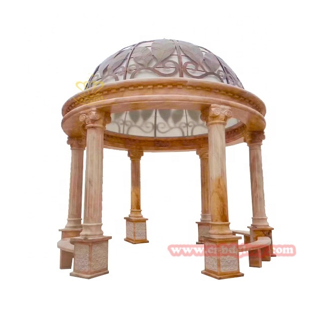 Large Sculpture outdoor Furniture Figure Statues pillar Marble stone Gazebo with metal Roof