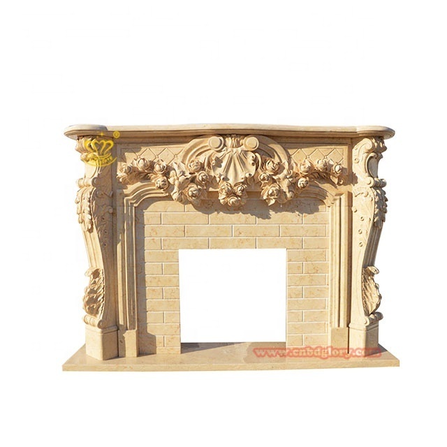 Indoor living room Stone carving art sculpture Luxury mantel beige Marble Surround Fireplace