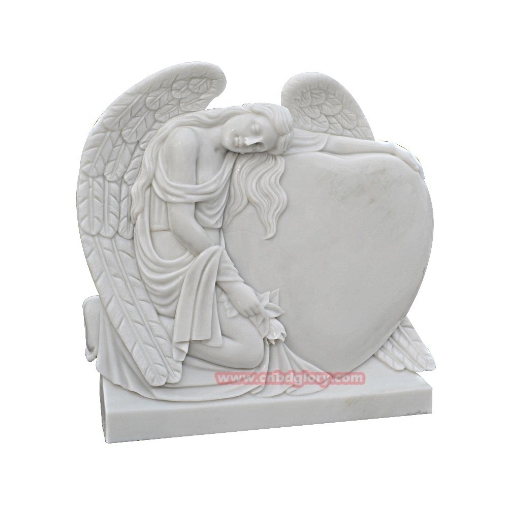 Natural Stone White Wings Angel statues Black Marble Heart Shaped Tombstone Headstone