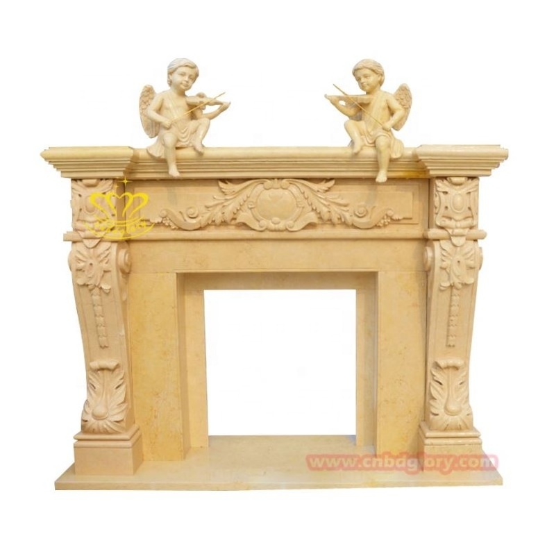 Indoor living room Stone carving art sculpture Luxury mantel beige Marble Surround Fireplace