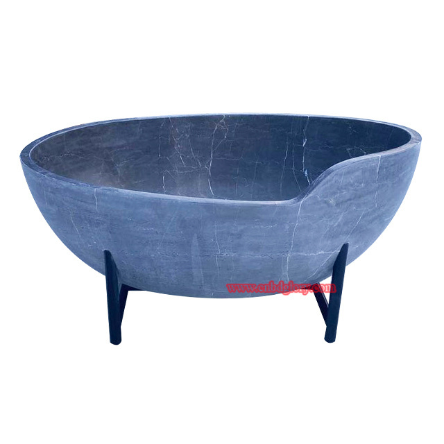 Indoor Luxury bathroom tub design Stone art sculpture geometry Black Marble Freestanding Solid Bathtub