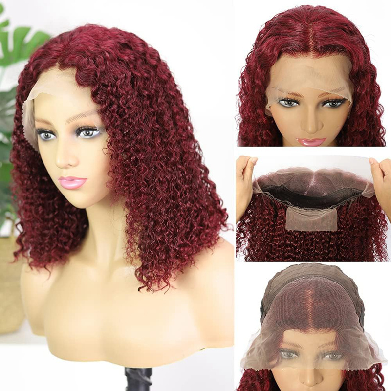 99j Burgundy Natural Human Hair Wigs13x4 Curly Deep Wave Red Colored Invisible Lace Front Wigs