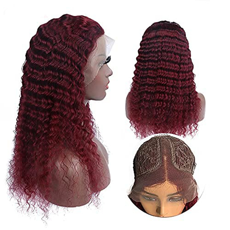 99j Burgundy Natural Human Hair Wigs13x4 Curly Deep Wave Red Colored Invisible Lace Front Wigs