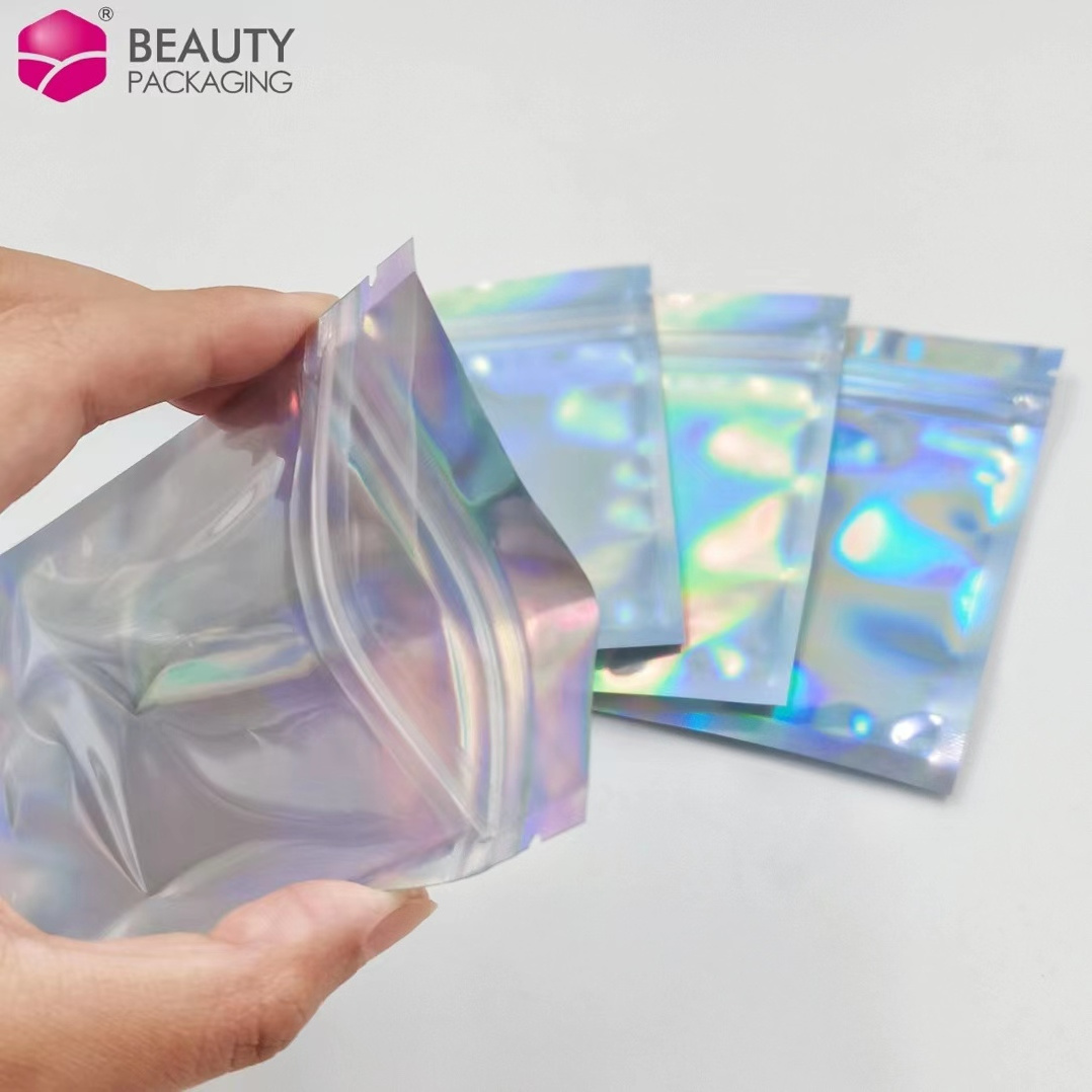 Custom printed small holographic ziplock rainbow laser pouch/holographic ziplock bag self adhesive makeup zipper bag