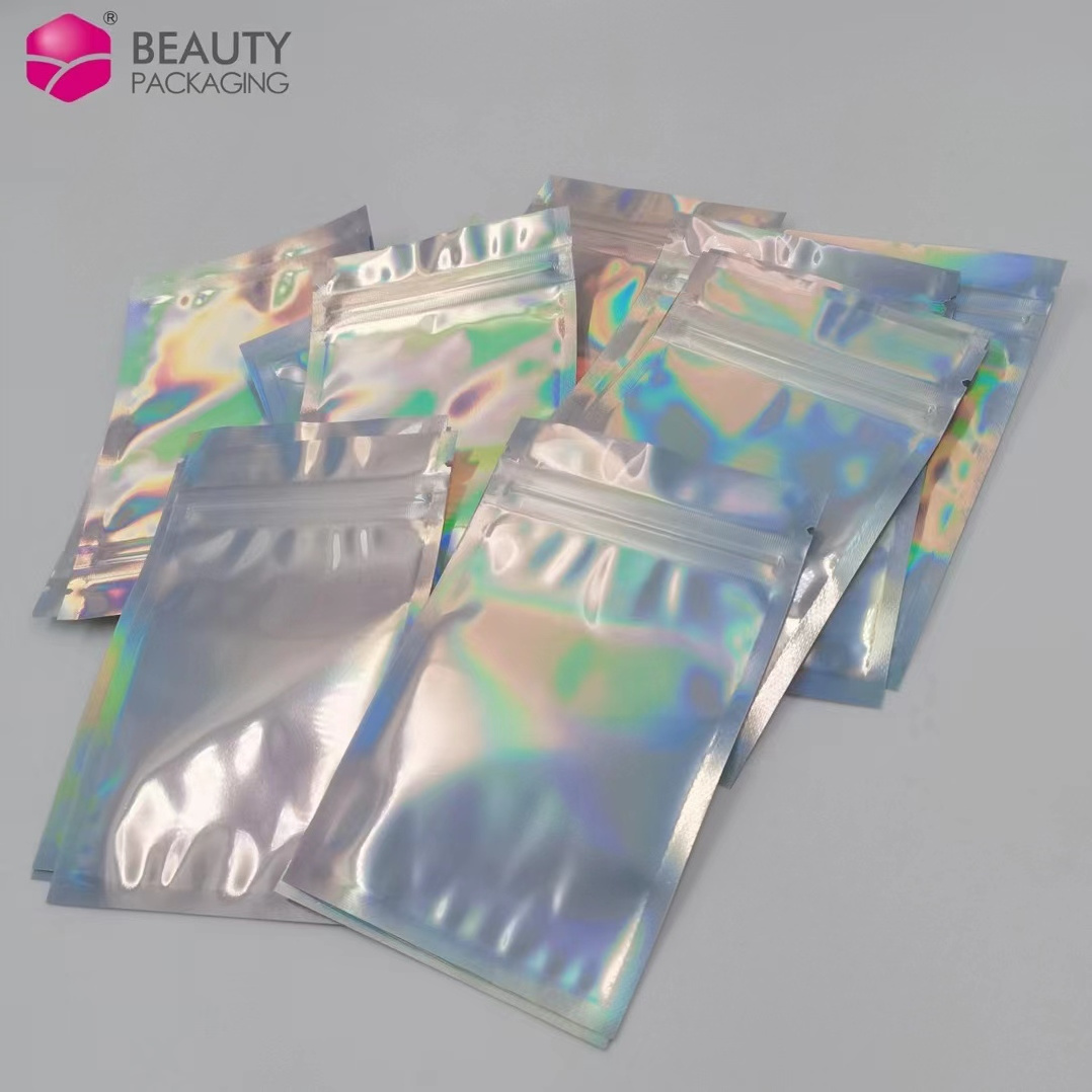 Custom printed small holographic ziplock rainbow laser pouch/holographic ziplock bag self adhesive makeup zipper bag