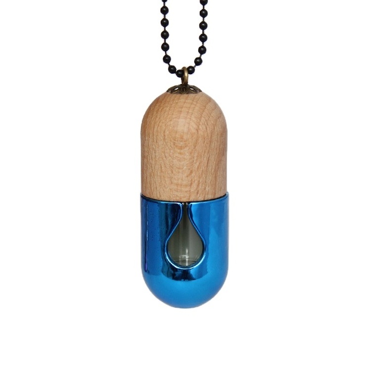 Capsule Shape Empty Glass Hanging Aroma Air Freshener Car Perfume Diffuser Bottles 7ml with Wooden Cap