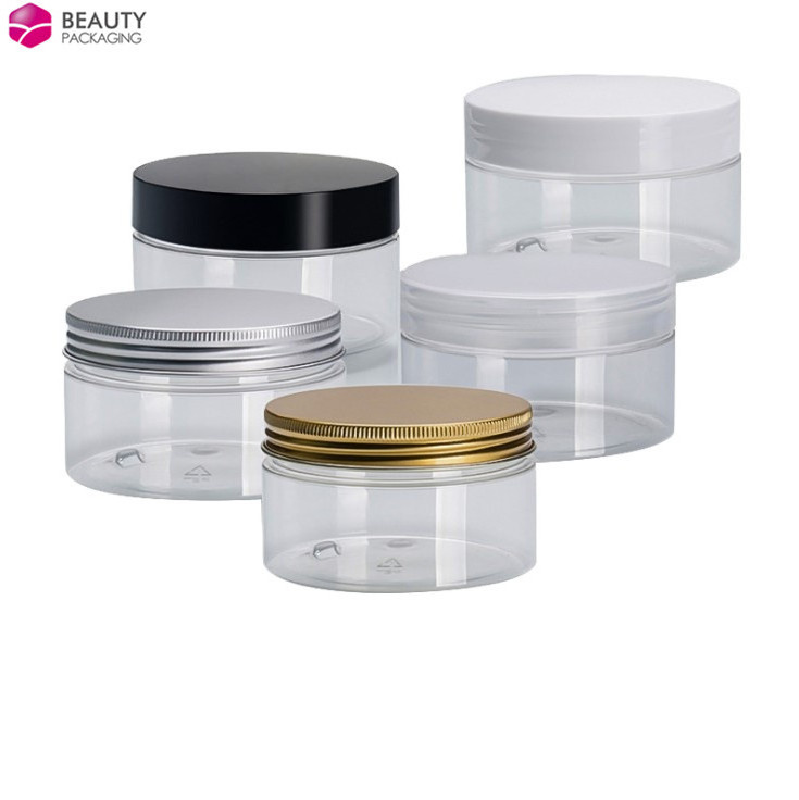 30 50ml 100ml 150ml 200ml Wide Mouth Empty Container Food Material Pet Plastic Cosmetic Jar With Plastic Aluminum Screw Top Lids