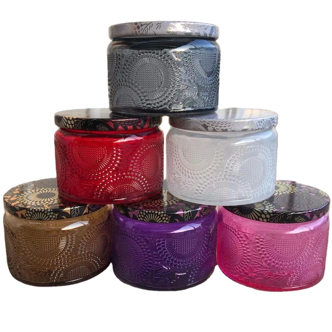 High Quality Homemade Multi-color Embossed Candle Jars Vessels Candle Material Container Glass Jars For Scented Candles