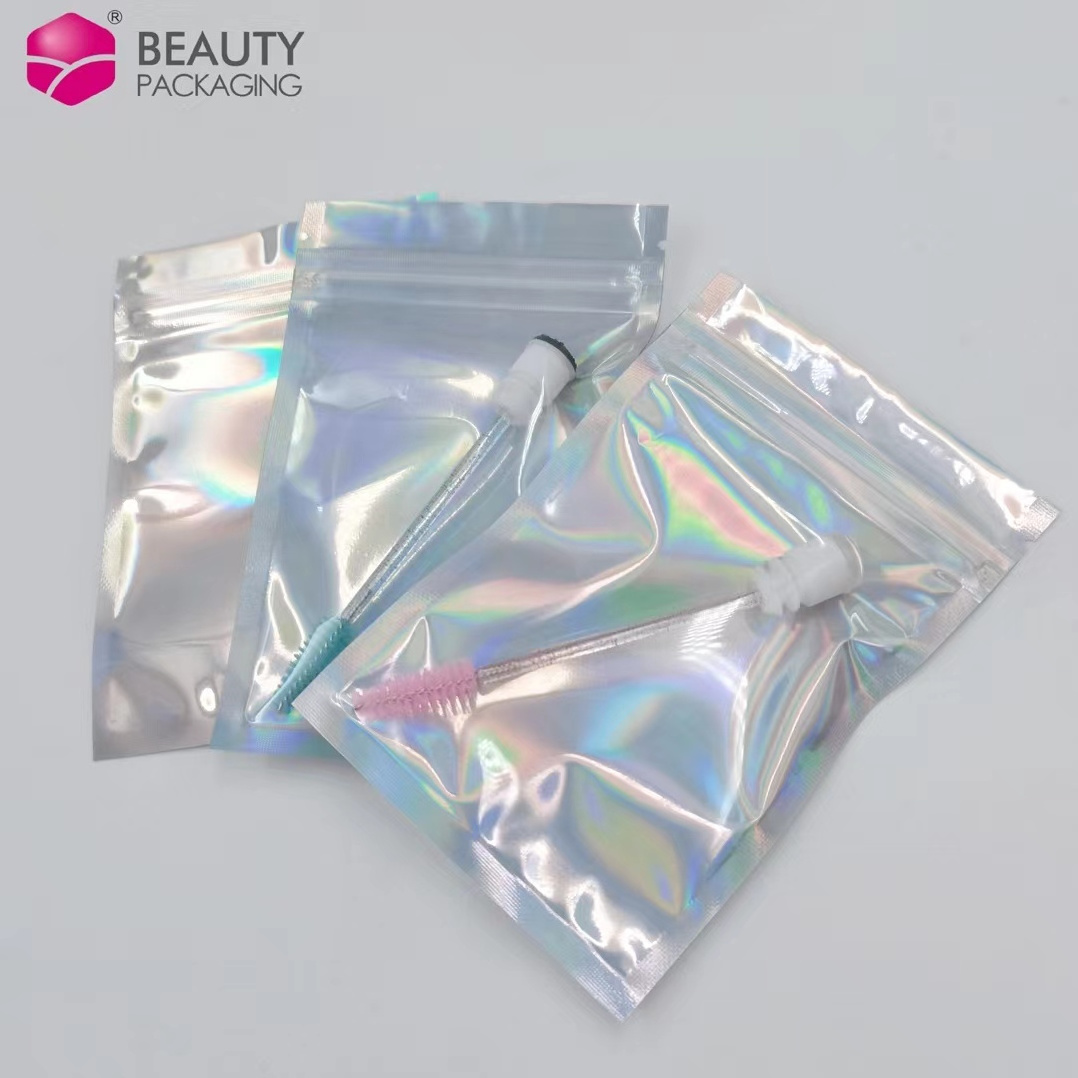 Custom printed small holographic ziplock rainbow laser pouch/holographic ziplock bag self adhesive makeup zipper bag