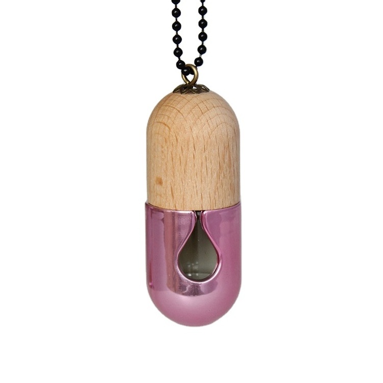 Capsule Shape Empty Glass Hanging Aroma Air Freshener Car Perfume Diffuser Bottles 7ml with Wooden Cap