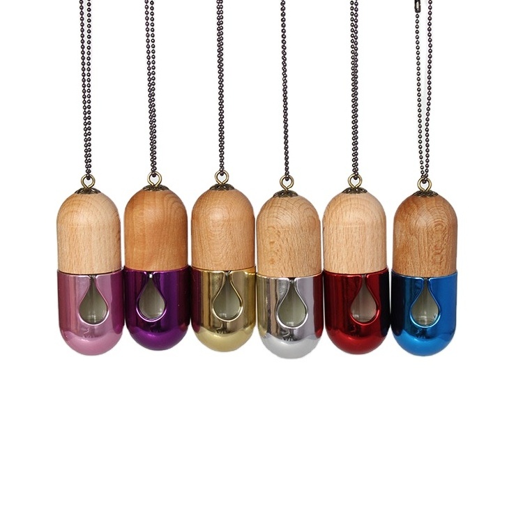 Capsule Shape Empty Glass Hanging Aroma Air Freshener Car Perfume Diffuser Bottles 7ml with Wooden Cap