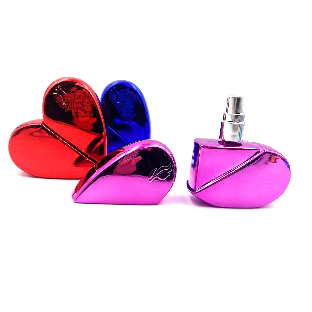 2022 Trending Wholesale Heart Shape Red Blue Yellow Purple Pink Cosmetic Packaging Oil Glass Spray Perfume Bottle Mixed Color