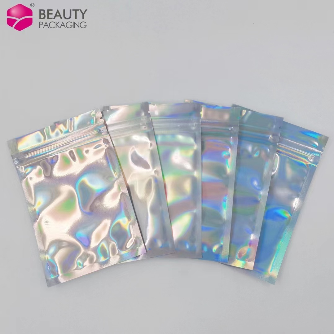 Custom printed small holographic ziplock rainbow laser pouch/holographic ziplock bag self adhesive makeup zipper bag