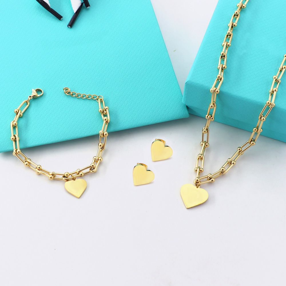 Wholesale Famous Brand 18k Gold Lock Heart Ball U Shape Stainless Steel Thick Chunky Clip U Link Necklace For Women