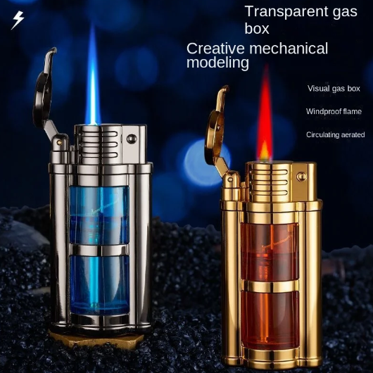 2023 New Transparent Visible Fuel Bin Torch Windproof Butane Lighter Men's Gift Cigarette Accessories Cigar Igniter