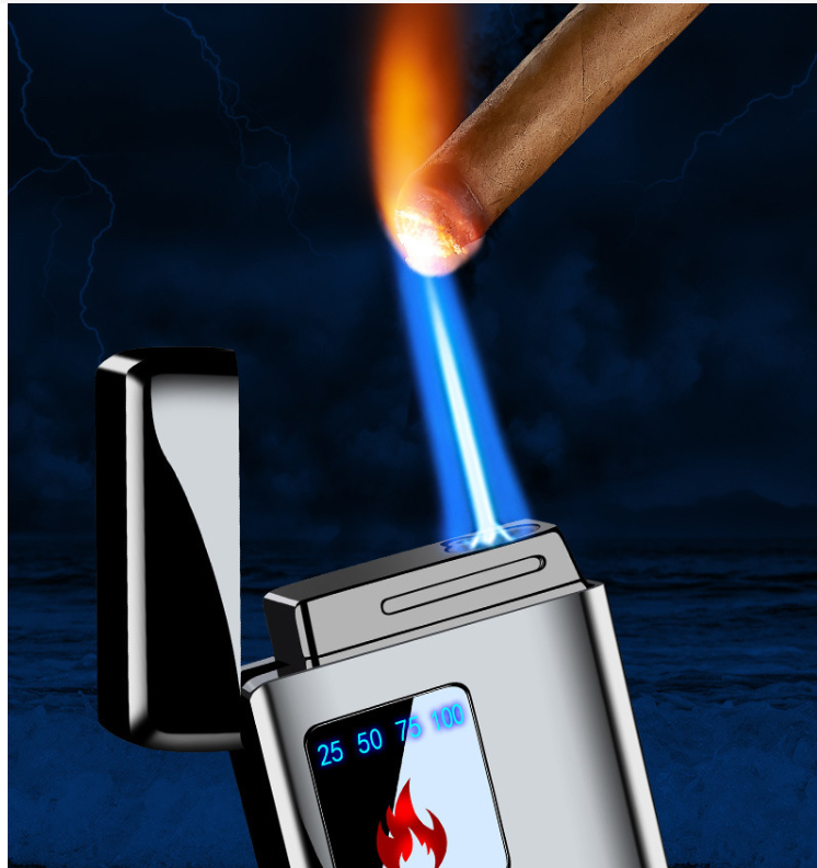 Custom  Butane Lighter, Windproof blue Flame Torch Lighter Refillable Rechargeable Flame Butane Jet Torch LED Lighter