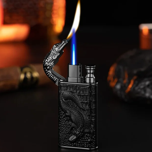 2023 3D Relief Dragon Crocodile Double Fire Lighter Metal Windproof Jet Fire Open Fire Conversion Gas Lighter Smoking Men's Gift