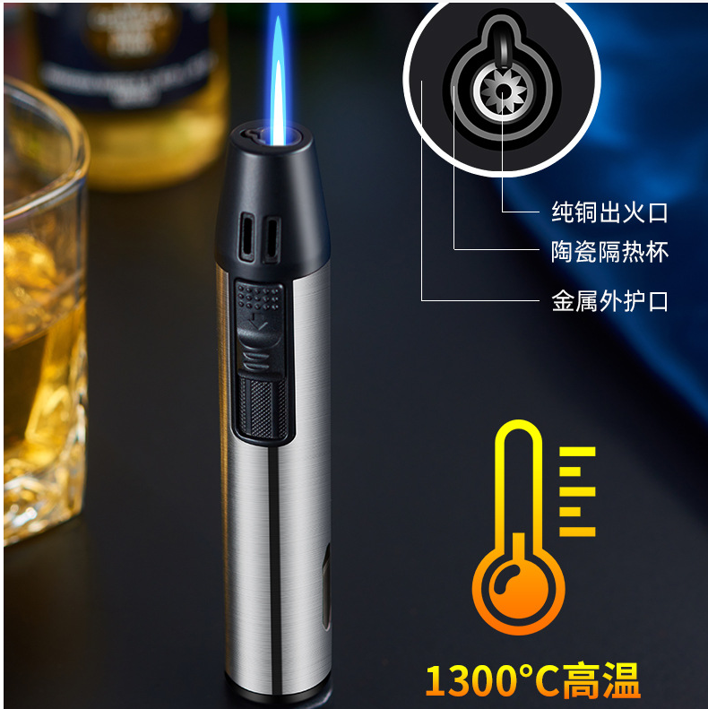 refillable butane gas blue jet flame windproof pen lighter with safety lock