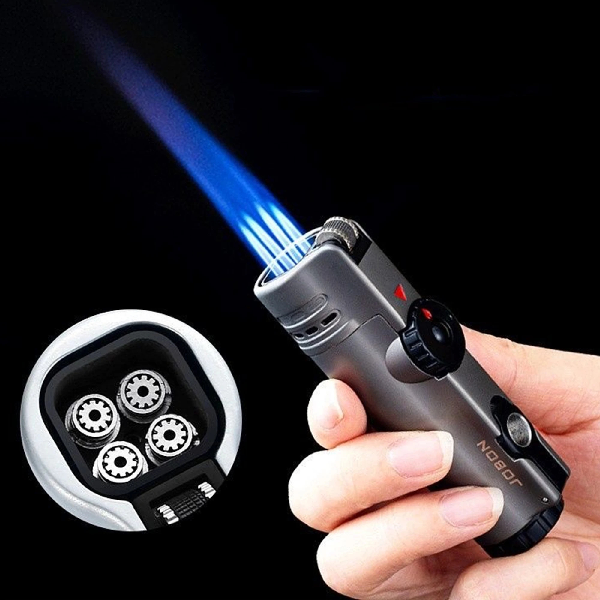 JOBON Inflatable Gas Butane Inflatable Gift Cigar Lighter 4 Torch Jet Windproof Lighter Metal Grinding Wheel Flint Lighter