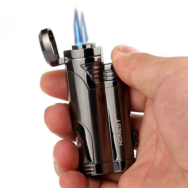 Double jets flame Cigar torch lighter Windproof Refillable Lighter with cigar cutter