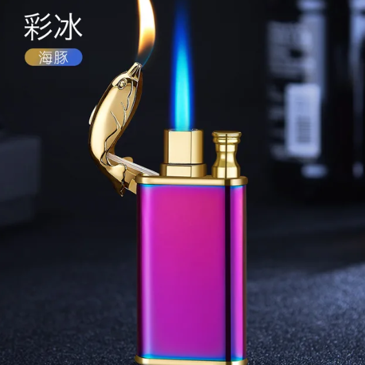 Metal Crocodile Dolphin Double Fire Lighter Creative Direct Windproof Open Flame Conversion Cigarette Lighter Men's Smoking