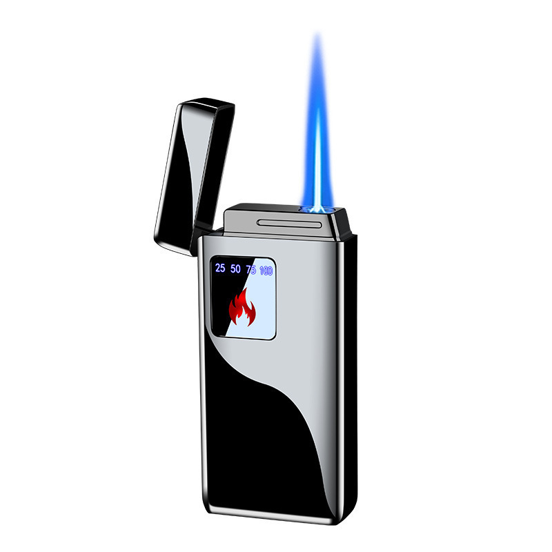 Custom  Butane Lighter, Windproof blue Flame Torch Lighter Refillable Rechargeable Flame Butane Jet Torch LED Lighter