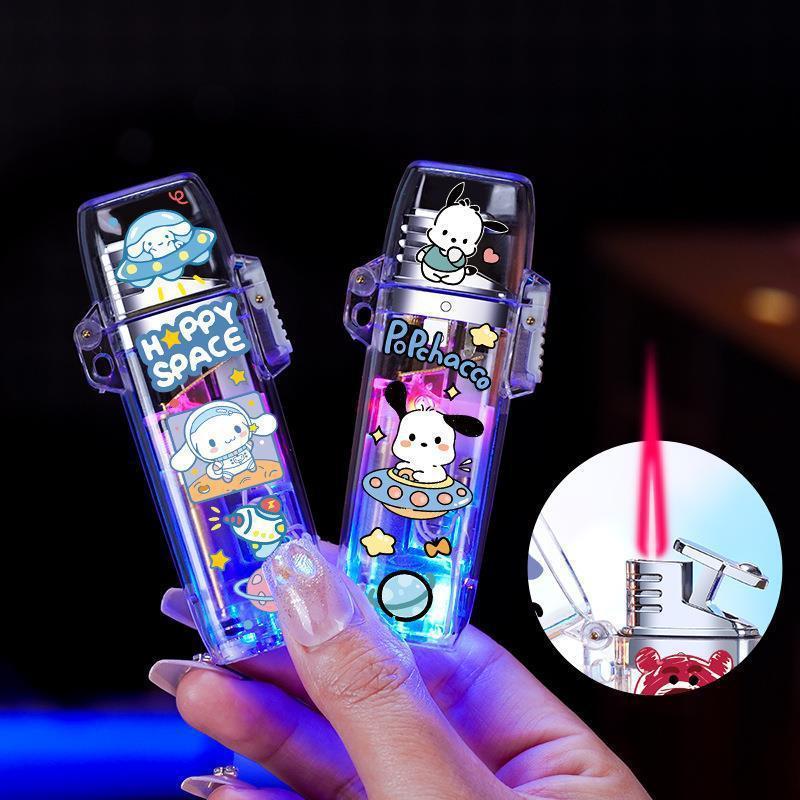 Transparent Case Cartoon Kuromi  Dinosaur Lighter Flash Light Windproof Lighter