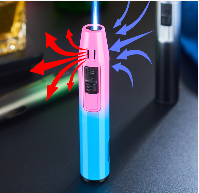 refillable butane gas blue jet flame windproof pen lighter with safety lock