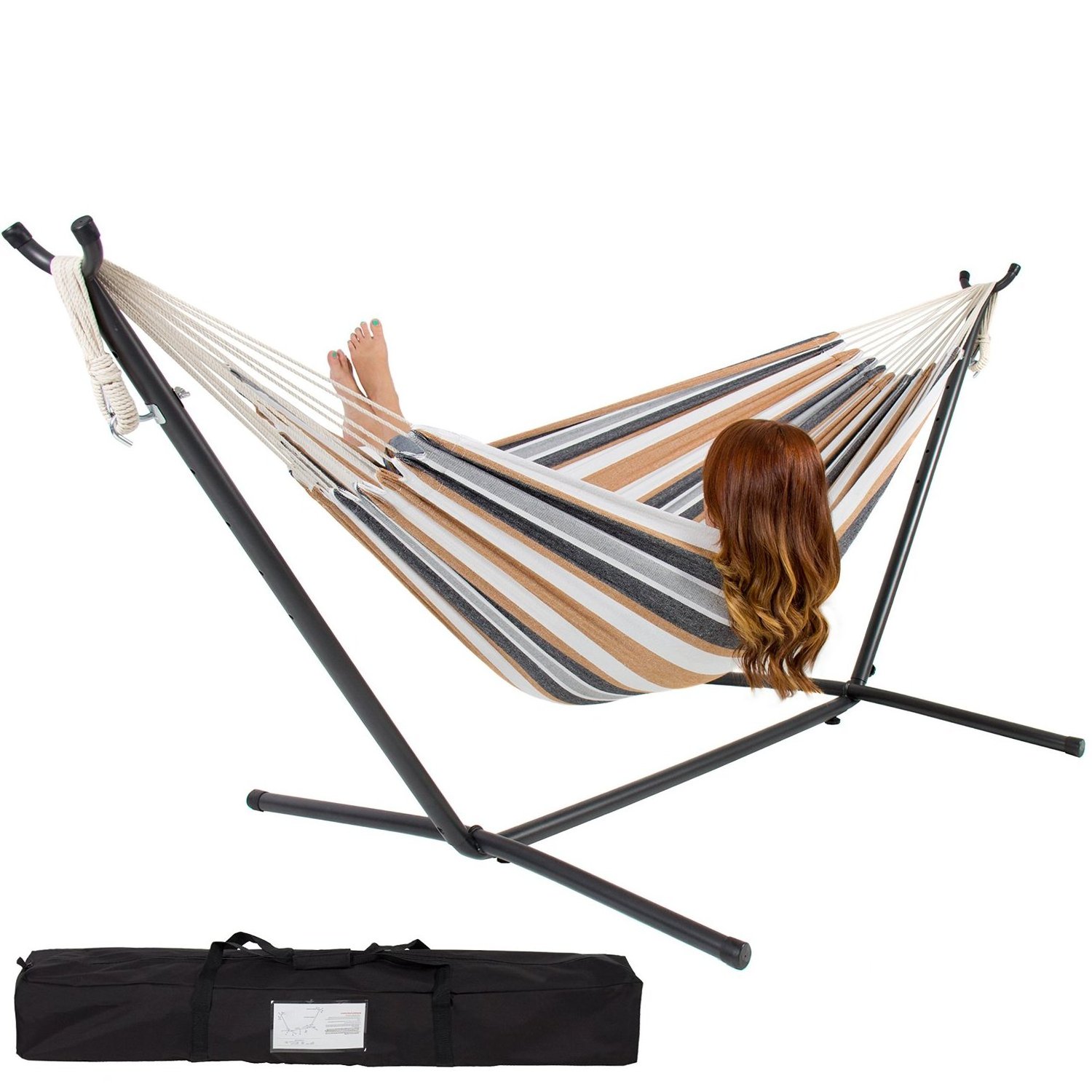 Hammock Swing Chair With Stand, Brazilian-Style Cotton Double Hammock Bed with Stand for 2 Persons Up to 450 Pounds