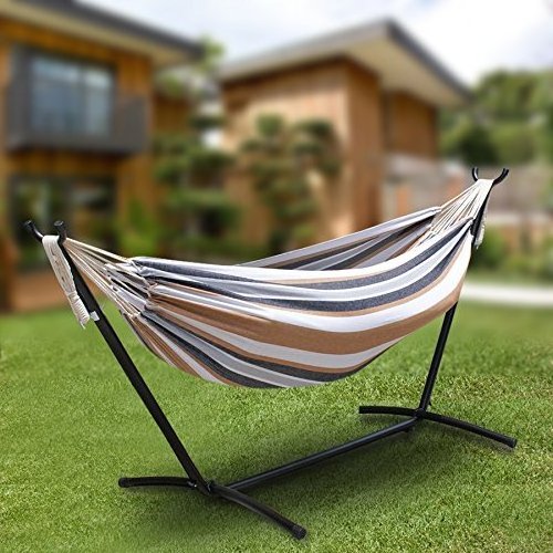 Hammock Swing Chair With Stand, Brazilian-Style Cotton Double Hammock Bed with Stand for 2 Persons Up to 450 Pounds