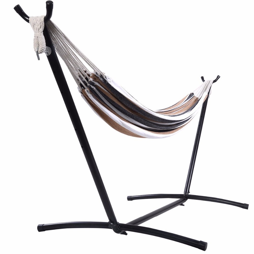 Hammock Swing Chair With Stand, Brazilian-Style Cotton Double Hammock Bed with Stand for 2 Persons Up to 450 Pounds