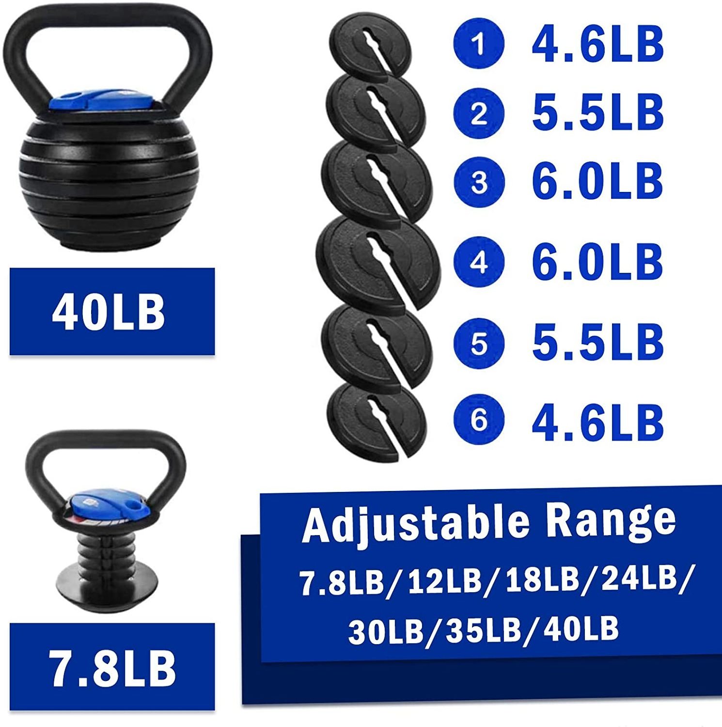 Adjustable Kettlebell 40 LBS, Weight Adjustable at 10 15 20 25 30 35 40 lb, Cast Iron Kettlebell Made For Women Men Exercise