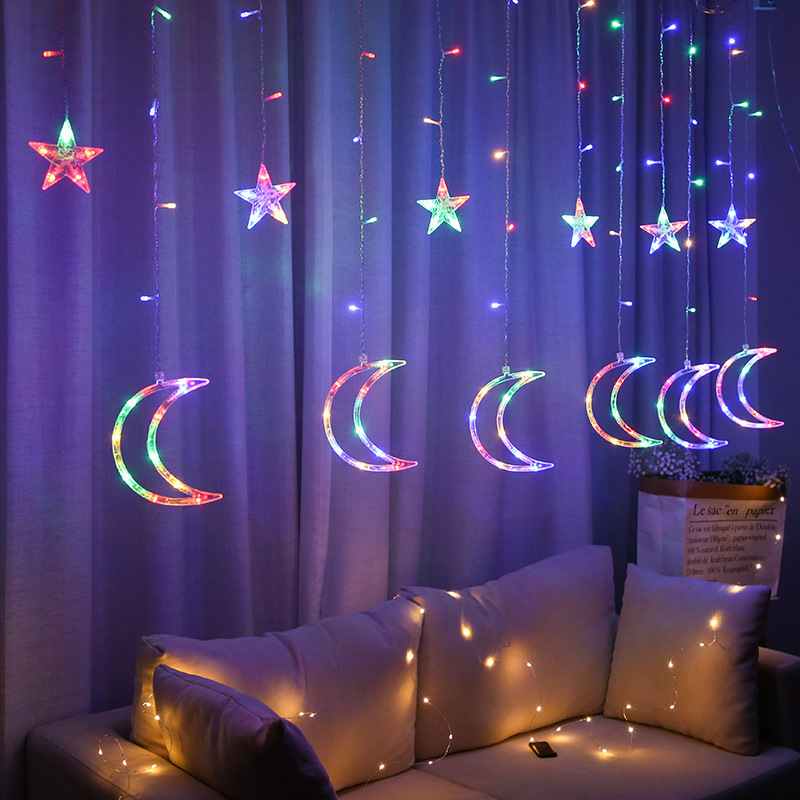 Stars and Moon Curtain Lights Christmas Festival ins Decorative String Six Big Small Led