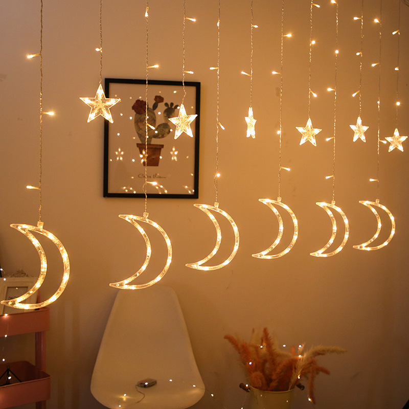 Stars and Moon Curtain Lights Christmas Festival ins Decorative String Six Big Small Led