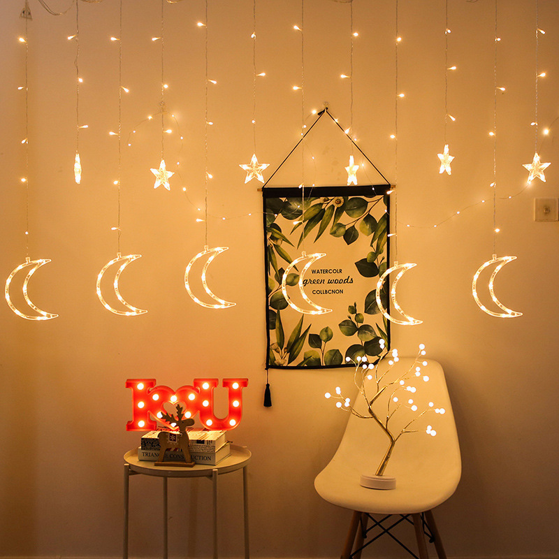 Stars and Moon Curtain Lights Christmas Festival ins Decorative String Six Big Small Led