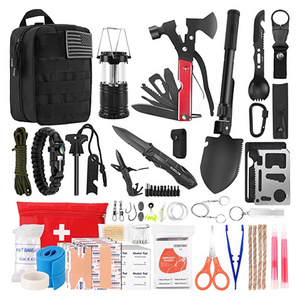 OEM Emergency Survival kits Camping Tools Outdoor Survival Gears including First Aid kit Compass Shovel Axe Fire starter Pliers