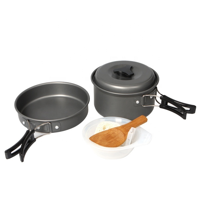 Aluminum Camping Cookware Set Mess Kit Backpacking Gear Cooking Equipment Stackable Portable Non Stick Pot Pan Cook