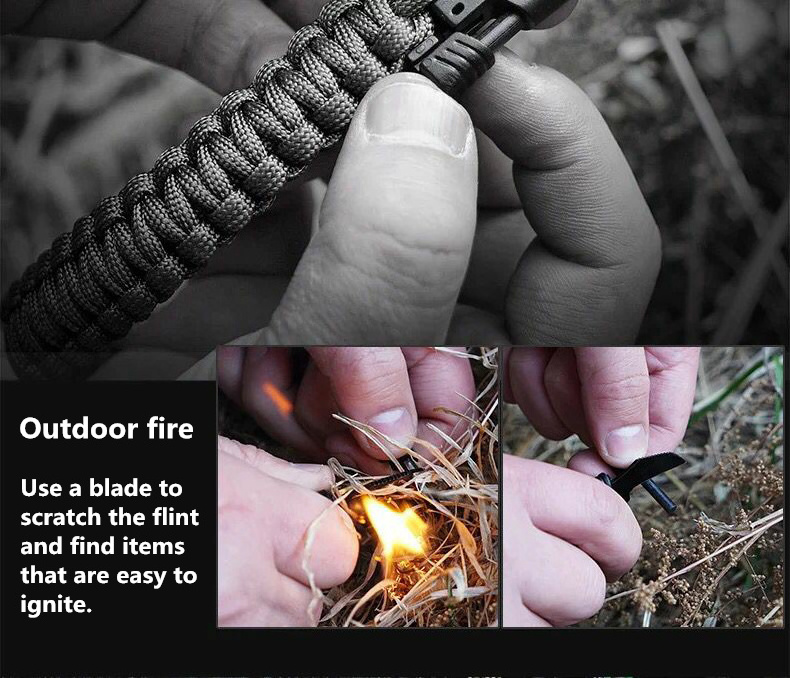 Camping Hiking 550lb Paracord Woven Outdoor Heavy Duty Paracord Knife Survival Bracelet With Fire Starter, Compass, Whistle