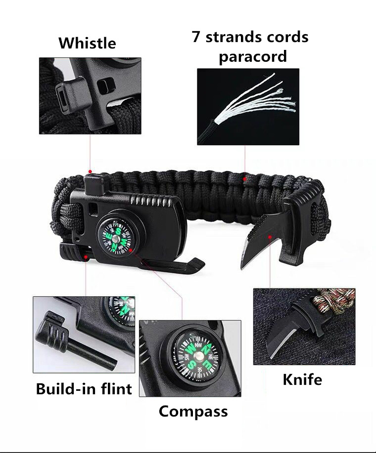 Camping Hiking 550lb Paracord Woven Outdoor Heavy Duty Paracord Knife Survival Bracelet With Fire Starter, Compass, Whistle