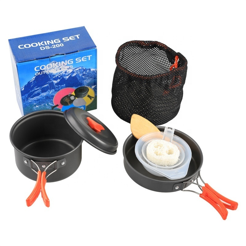 Aluminum Camping Cookware Set Mess Kit Backpacking Gear Cooking Equipment Stackable Portable Non Stick Pot Pan Cook