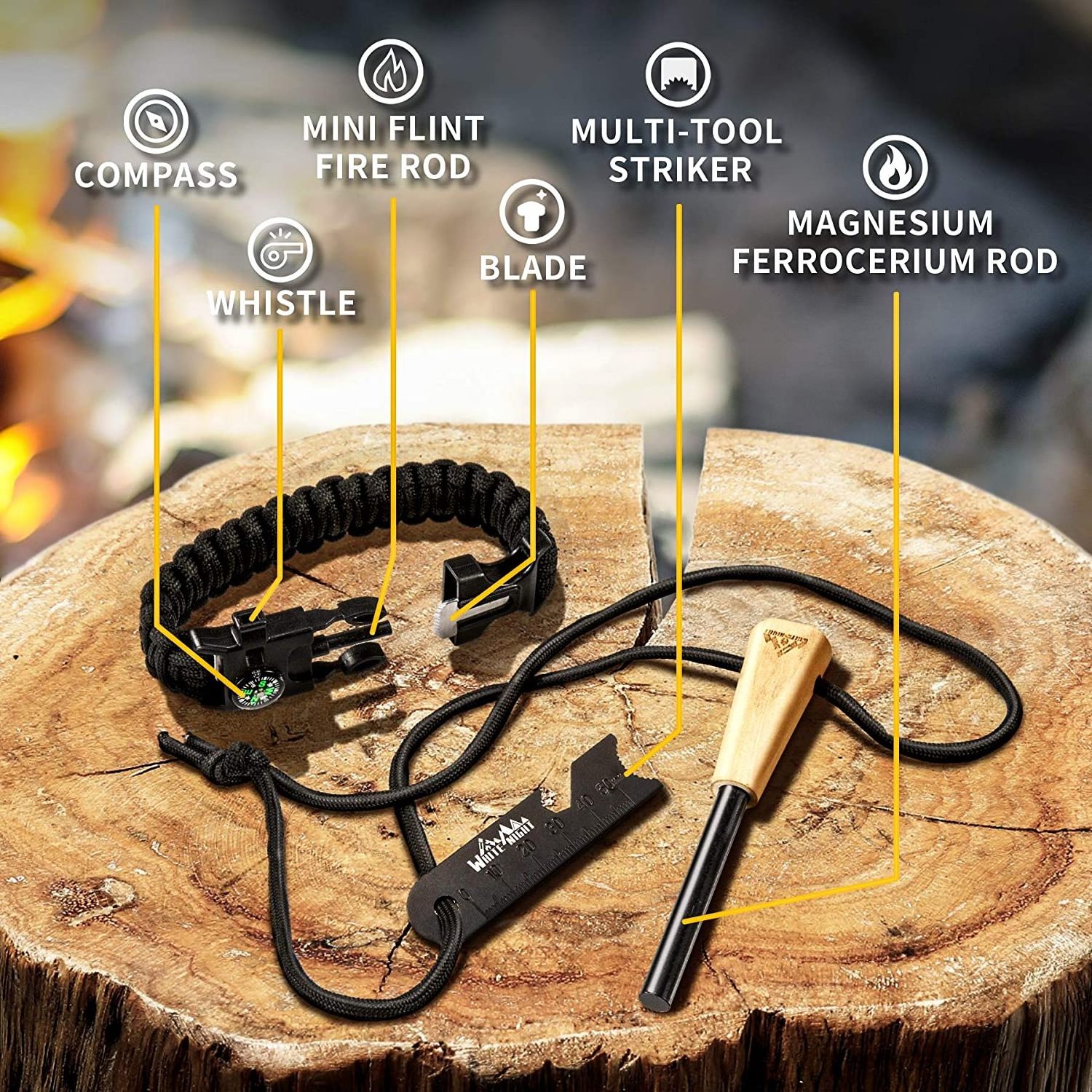 Camping Accessories Survival  Fire Starter Ferro Rod Flint Fire Starter Kit with Multi Tool Striker Bracelet for Camping