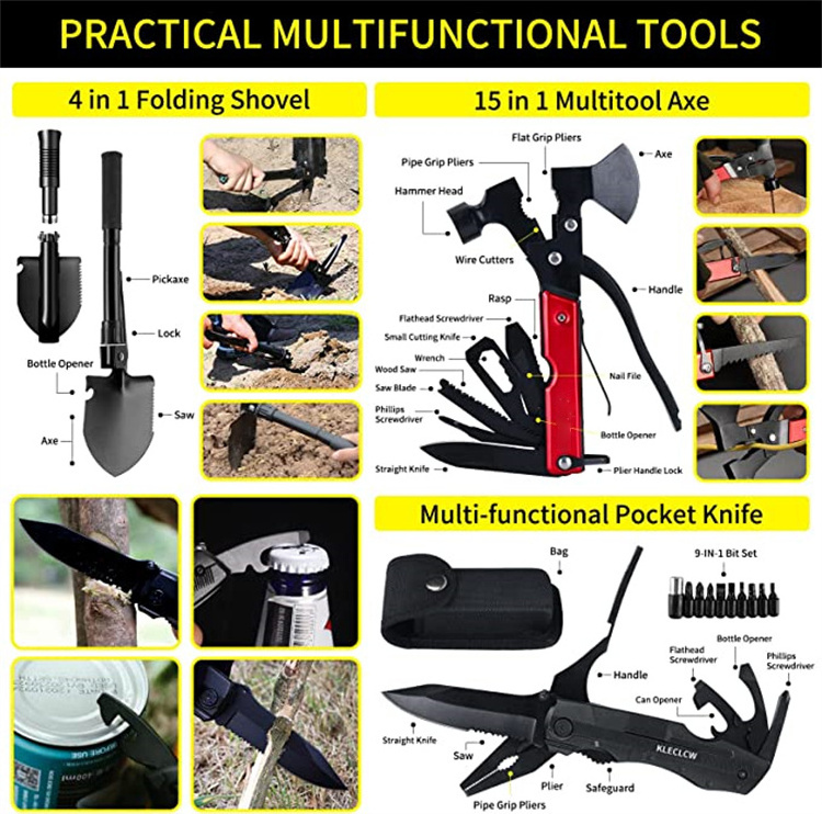 OEM Emergency Survival kits Camping Tools Outdoor Survival Gears including First Aid kit Compass Shovel Axe Fire starter Pliers