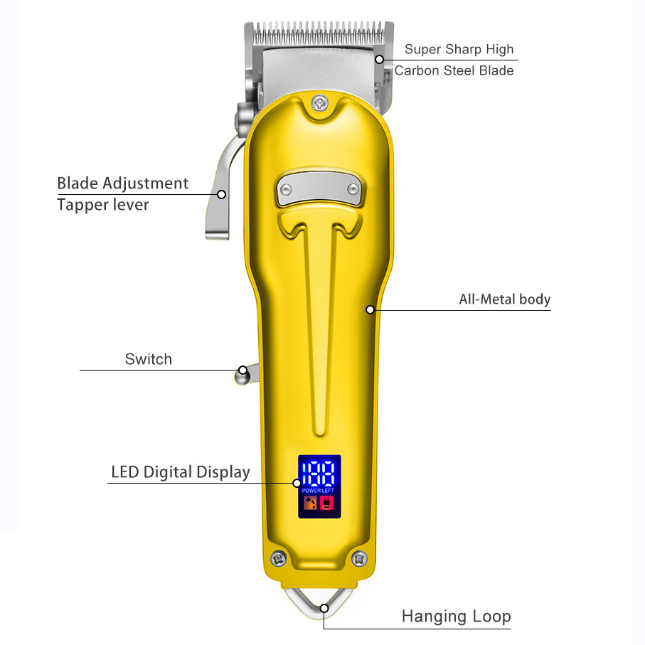 All-metal Barber Professional Hair Clippers Electric Cordless LCD  Gold Silver Hair Cutting Machine