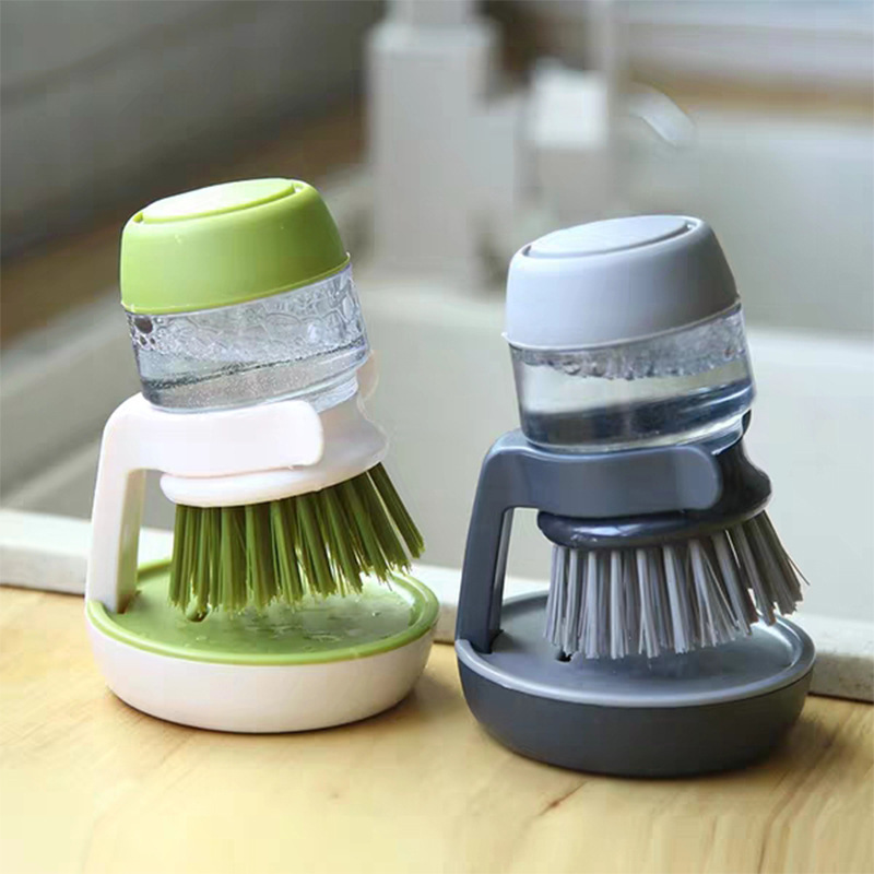 Besafe Kitchen Pressing Washing Scrubber Dispensing Palm Dish Brush with Stand for Dishes Pots Pans Sink Cleaning