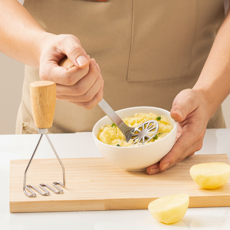 Besafe Kitchen stainless steel Potato and Vegetable Masher with wooden handle for Avocado fruit baby food masher