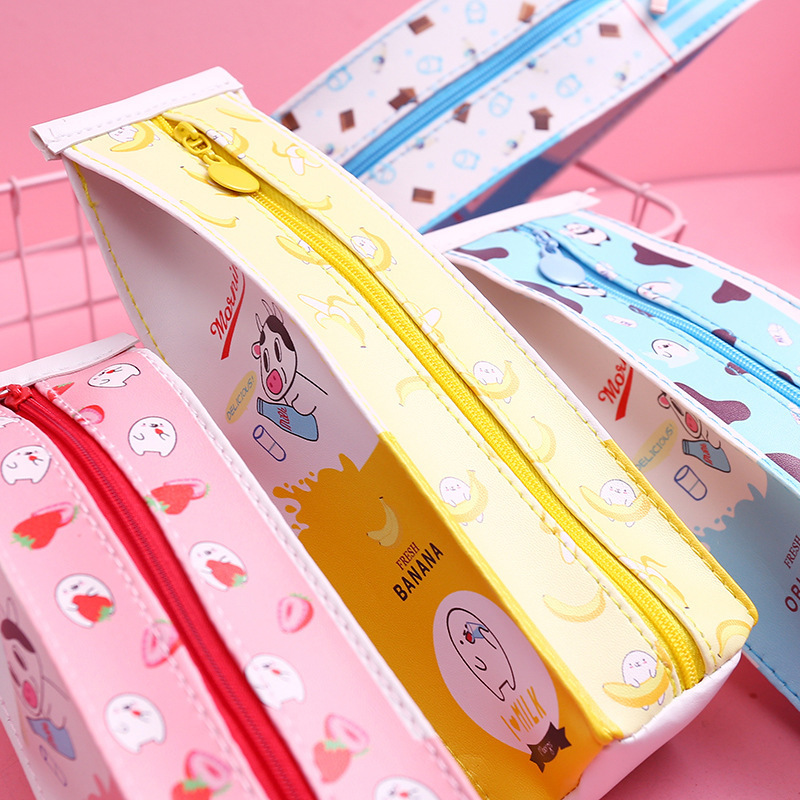 Besafe Novelty Large Capacity PU leather Milk Carton Box Pencil Cases Cosmetic Bag Pencil Pen case Stationery Bag Pouch