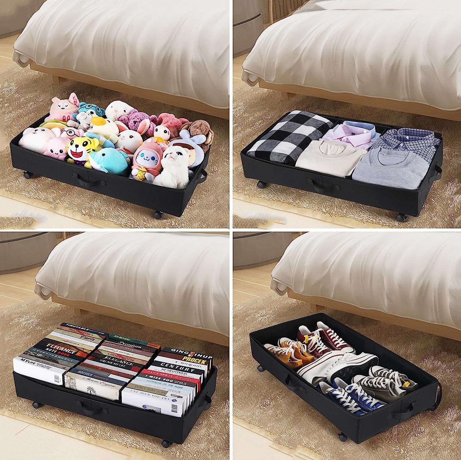 Besafe foldable fabric under bed blanket clothes shoes storage bag clear window container with wheels handles for bedroom