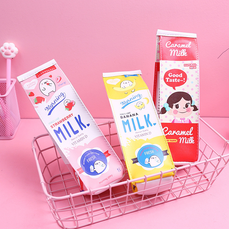 Besafe Novelty Large Capacity PU leather Milk Carton Box Pencil Cases Cosmetic Bag Pencil Pen case Stationery Bag Pouch