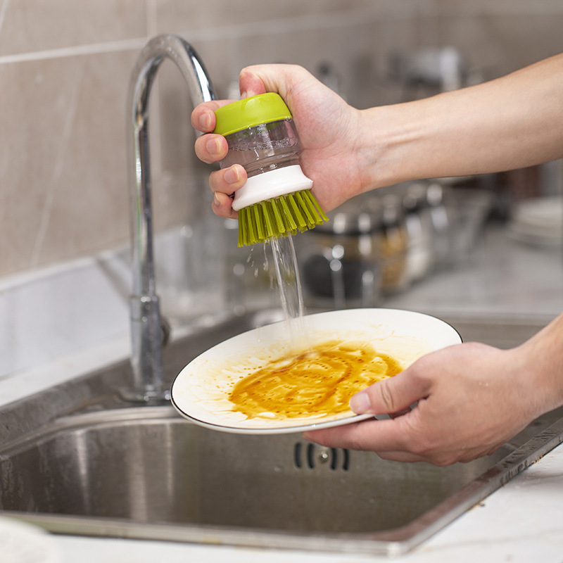 Besafe Kitchen Pressing Washing Scrubber Dispensing Palm Dish Brush with Stand for Dishes Pots Pans Sink Cleaning