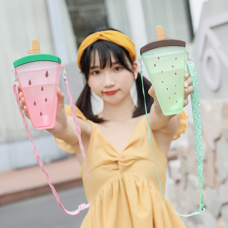 Besafe Portable 320ml Plastic Watermelon Ice Cream Water Bottles Popsicle Shape Water Cup with Straw for Kids Girls